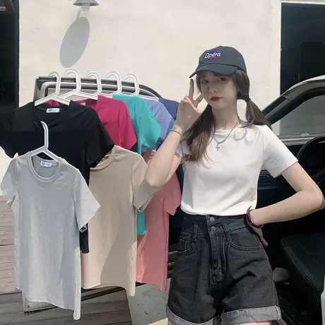 白色短袖T恤女装夏季2023年新款黑色宽松高腰露脐短款上衣服ins潮商品大图