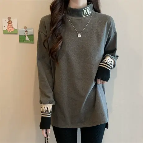 德绒半高领打底衫女春秋冬内搭设计感宽松长袖T恤保暖磨毛上衣服商品大图
