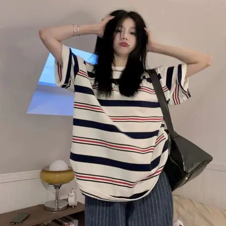 纯棉条纹设计感短袖t恤女2023夏季新款宽松oversize半袖上衣体恤图片