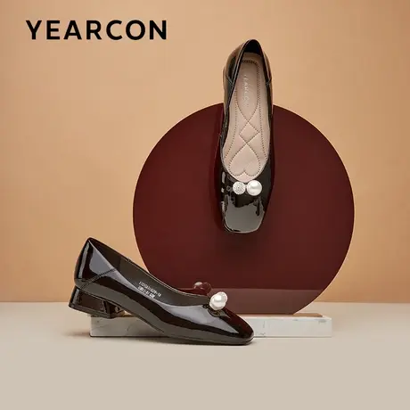 意尔康女鞋2023新款春季水钻珍珠扣方头粗跟单鞋女仙女风气质鞋子商品大图