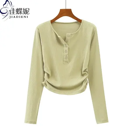 秋冬新款韩版圆领开领修身褶皱纯棉纯色长袖体恤上衣内搭女打底衫商品大图