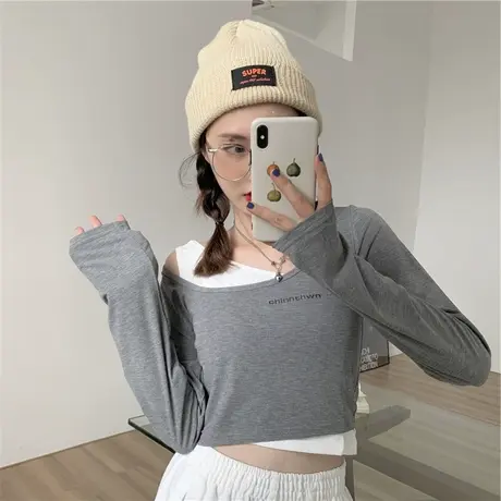 欧洲站秋季纯色短款上衣打底衫长袖收腰ins超火露肩假两件t恤女潮商品大图