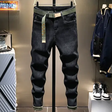 秋冬季加绒加厚保暖牛仔裤男黑色修身小脚长裤子潮简约百搭男裤子商品大图