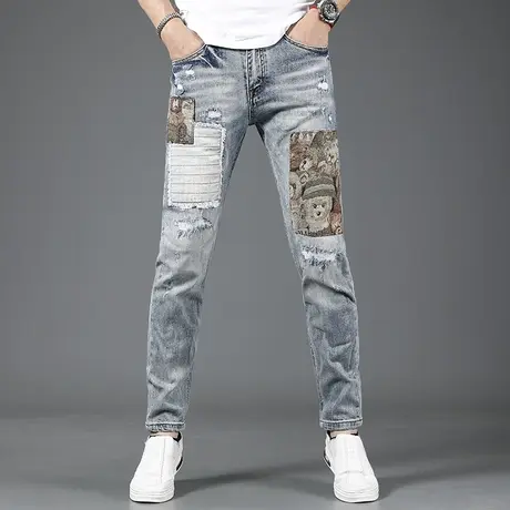 高街破洞牛仔裤男修身小脚2023新款夏季薄款休闲补丁潮牌男士裤子商品大图