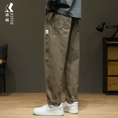希越日系秋季卡其色工装长裤男宽松大码弹性拼接贴布ins直筒裤子商品大图