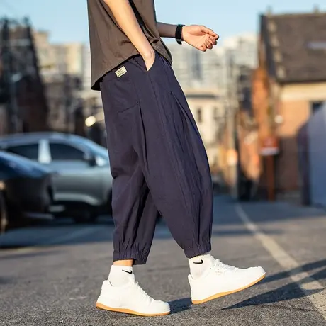 日系夏季薄款七分裤男棉麻八分亚麻裤夏束脚运动裤男士宽松阔腿裤图片