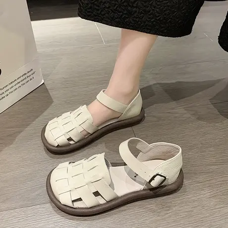 罗马包头凉鞋女夏2024新款编织洞洞鞋孕妇妈妈防滑平软底沙滩凉拖图片