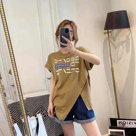 大码正肩中长款短袖t恤女夏装设计感小众不规则开叉上衣胖mm200斤商品大图