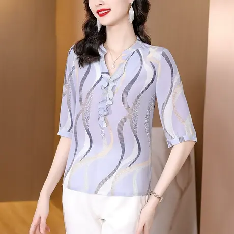 雪纺衬衫女夏新款时尚优雅气质五分袖V领衬衣设计感木耳薄款上衣图片