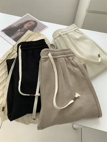 软糯磨毛束脚休闲裤2023秋冬新款宽松高腰抽绳显瘦百搭女士哈伦裤商品大图