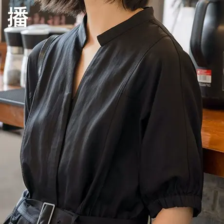 播休闲连体裤纯色半袖束腰长裤女2023夏新款V领松紧脚口女裤潮商品大图