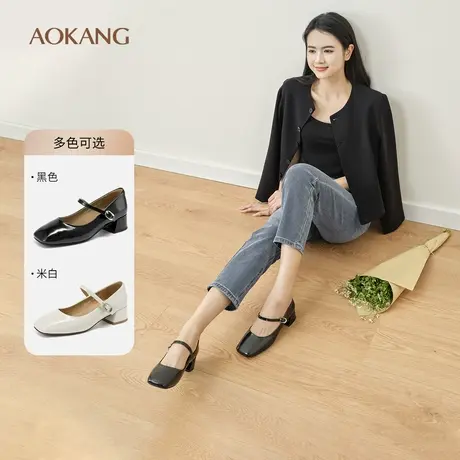 奥康 女鞋2025春季玛丽珍真皮气质方头简约百搭单鞋舒适中跟图片