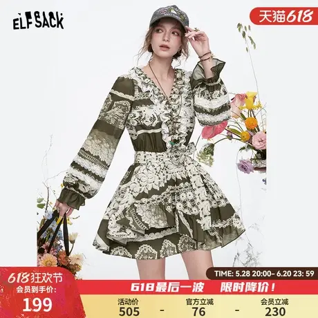妖精的口袋宫廷风复古印花长袖连衣裙女2025春新款度假风气质裙子图片