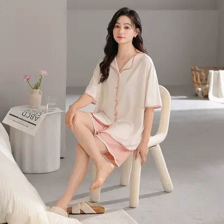 洁丽雅睡衣女款2025新款春夏季短袖纯色休闲大码可外穿家居服套装商品大图