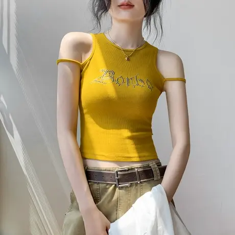纯色烫钻圆领露肩背心女2025夏季新款内搭衬衫修身显瘦无袖上衣女商品大图