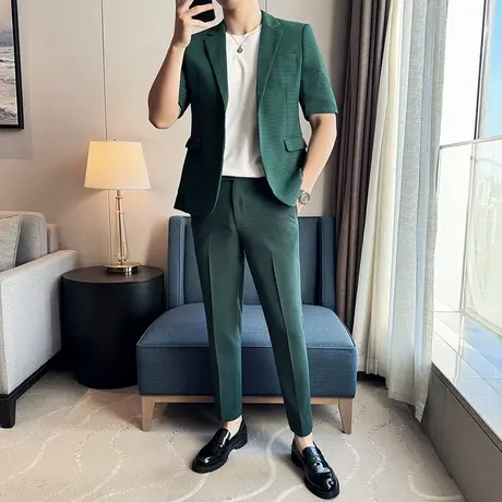 夏季华夫格短袖西服男套装轻薄垂感中袖外套搭配休闲九分裤一套潮图片