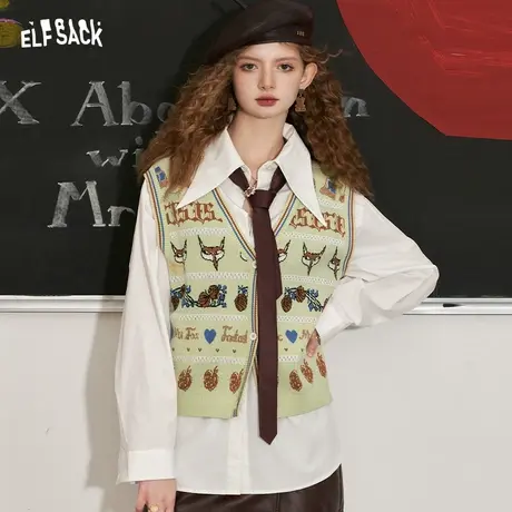 妖精的口袋v领复古针织马甲女2023秋季新款印花薄款无袖外搭马夹图片