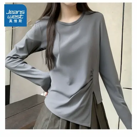 YD真维斯女装2025春季新款 韩系潮流纯色不规则显瘦内搭长袖T恤商品大图