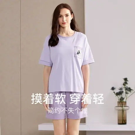 秋鹿圆领套头短袖短裤情侣睡衣夏季纯棉简约男士家居服女夏可外穿商品大图
