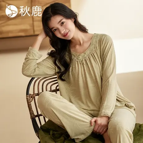 秋鹿【超柔软】针织提花纯棉睡衣女2025春秋新款可外穿长袖家居服商品大图
