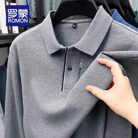 罗蒙POLO衫男长袖春秋季新款商务休闲纯色t恤男士中年纯棉体恤衫商品大图