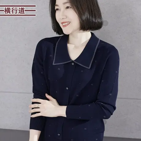 2023冬季新款纯色简约翻领提花宽松针织长袖毛衣女装外穿妈妈上衣图片