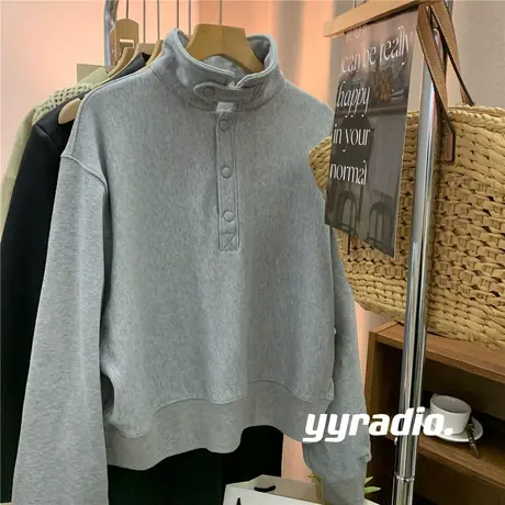 韩国秋季新款灰色百搭长袖立领灰色春秋薄款卫衣女外套上衣ins潮商品大图