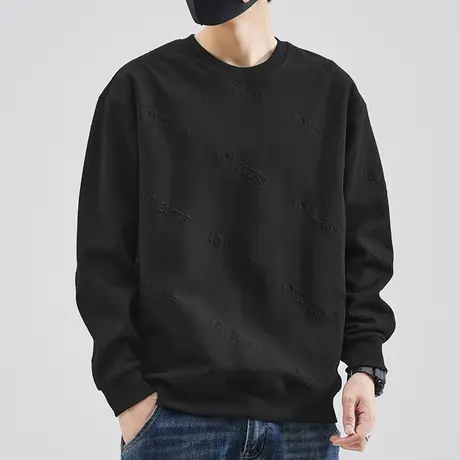 330g重磅黑色卫衣男潮ins圆领长袖t恤宽松潮流钢印套头无帽上衣服商品大图