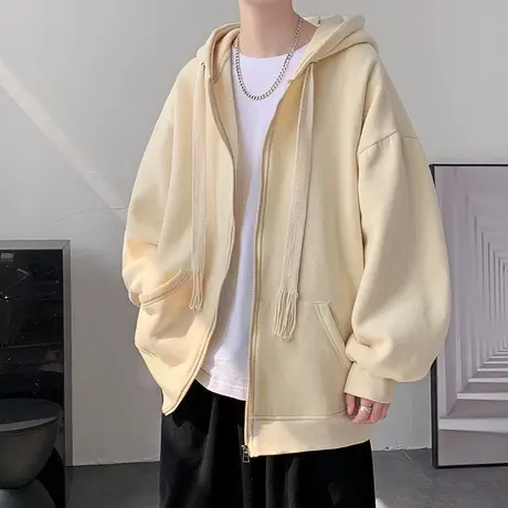 美式开衫连帽卫衣男士宽松休闲基础款纯色夹克青少年潮流帅气外套商品大图