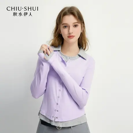 秋水伊人清仓t恤女假两件套秋装简约好看长袖小个子修身短款上衣商品大图