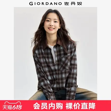 佐丹奴知识分子风衬衫女磨毛复古风长袖翻领格子衬衫外套18344509商品大图