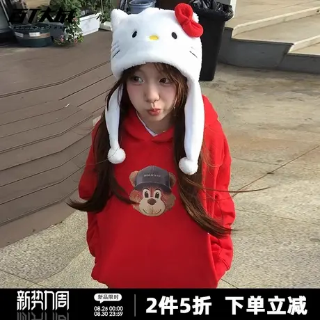 设计感立体熊脸印花连帽卫衣女春秋季中长款正肩休闲百搭情侣上衣商品大图