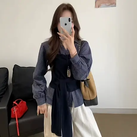 韩版设计感收腰格子衬衫女2025秋季新款宽松显瘦小个子拼接上衣潮商品大图