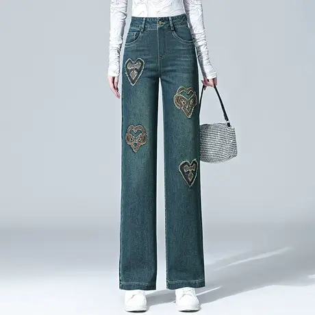 复古牛仔阔腿裤2023秋季新款烫钻贴布中年女裤宽松高腰直筒长裤图片