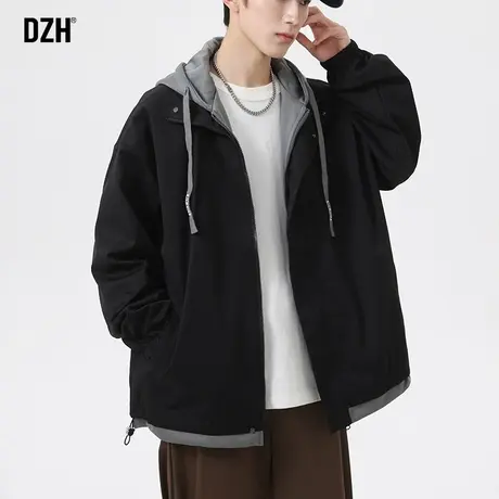 男士美式秋季外套潮牌男休闲连帽户外冲锋衣2023年新款假两件上衣商品大图