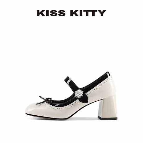 【呼呼专享】KISSKITTY方头玛丽珍鞋女夏季新款蝴蝶结粗跟浅口单商品大图