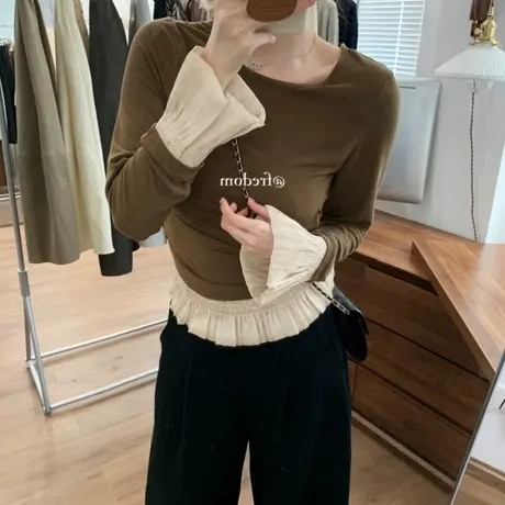 咖色拼接花边喇叭袖假两件长袖T恤女春秋正肩修身内搭打底衫上衣商品大图