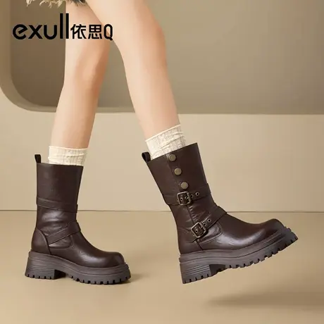 exull/依思Q厚底马丁靴女2025新款秋季西部中筒骑士靴美拉德短靴图片
