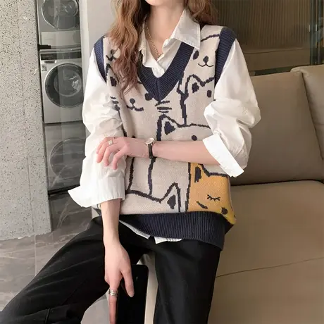唐狮秋冬季女毛衣好多猫猫V领套头马甲可爱休闲日常宽松毛线衫tu图片
