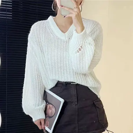 v领慵懒风破洞软糯毛衣女2023秋季新款洋气针织衫粗毛线短款上衣商品大图