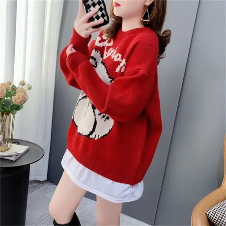 网红假两件新年红色圆领毛衣女秋冬新款宽松中长款卡通洋气针织衫商品大图