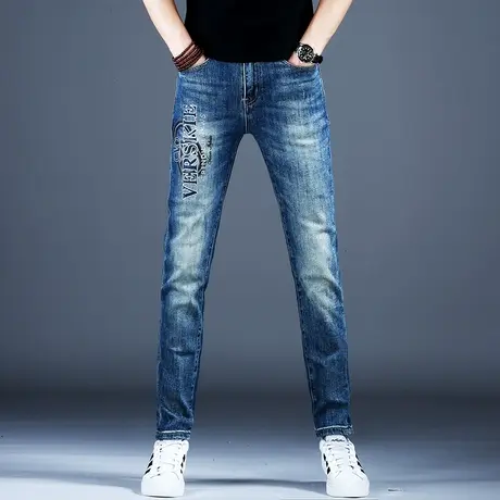 男士秋季新款牛仔裤男款高端时尚修身烫钻印花小脚裤子男休闲百搭商品大图