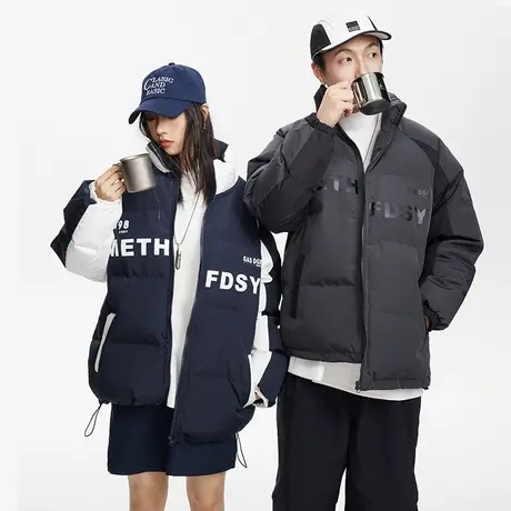 美式复古拼接立领棉服女冬季加厚外套2023年新款情侣装宽松面包服商品大图