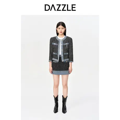 【七七酱专享】DAZZLE地素 奥莱小香风粗花呢牛仔拼接设计感短外图片