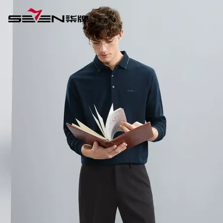 【含羊绒】柒牌男士polo衫长袖秋冬新款时尚字母绣花磨毛翻领上衣图片