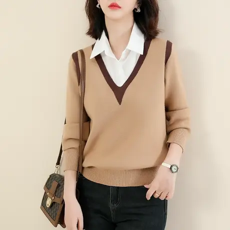 新品8.5折】高级感POLO领假两件毛衣女宽松显瘦针织衫上衣商品大图