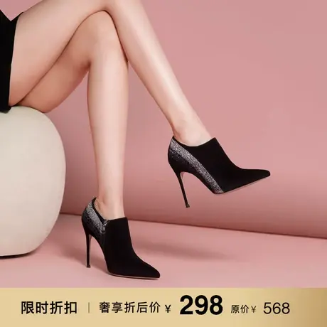 熙漫2023秋冬新款深口黑色及踝靴欧美时尚百搭宴会细跟性感短靴女图片
