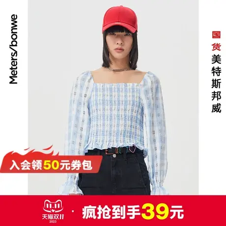 国货美特斯邦威衬衫女春季休闲个性大领子学院时尚方领格纹娃娃衫图片