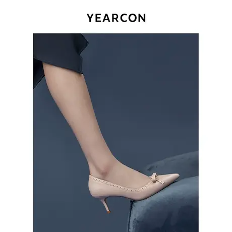 意尔康尖头羊皮高跟鞋女2024春季新款百搭蝴蝶结温柔气质浅口单鞋图片