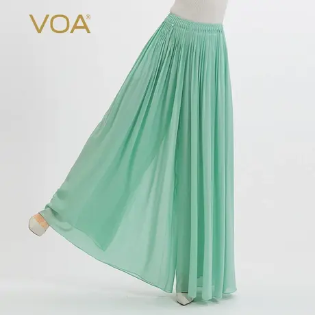 VOA乔其纱桑蚕丝翠绿色自然腰百褶清新舒适透气双层真丝阔腿裙裤图片